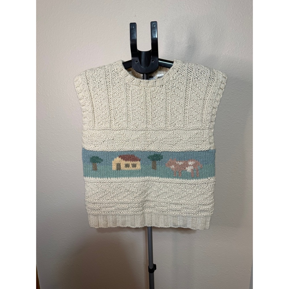 Vintage Russ Togs Farm Scenic Chunky Knit Sweater Vest Cream Cow Cottage L